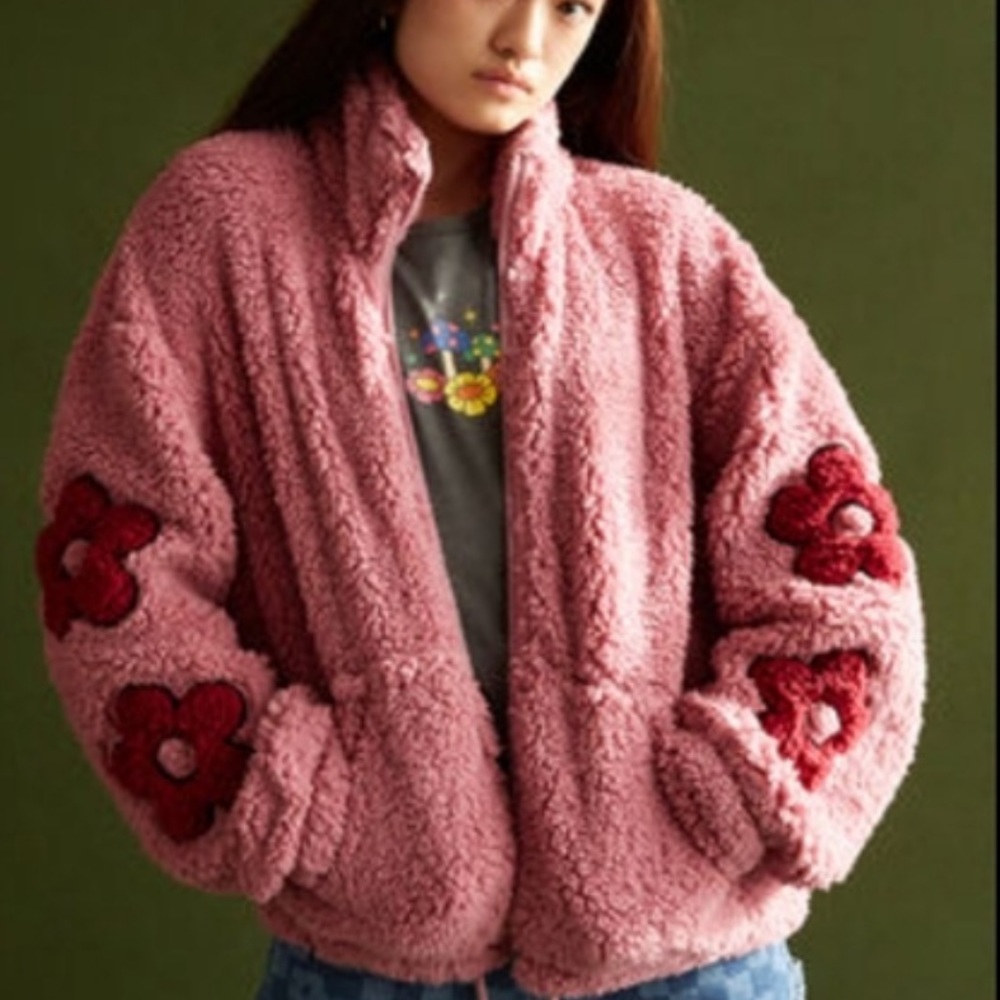 Pacsun Pink Floral Zip Up Sherpa Jacket